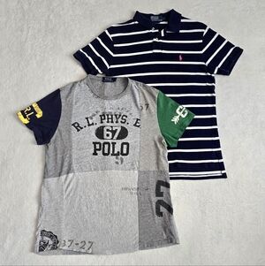 Men's Ralph Lauren Polo Shirt Classic Striped Top Size Medium + FREE T-SHIRT